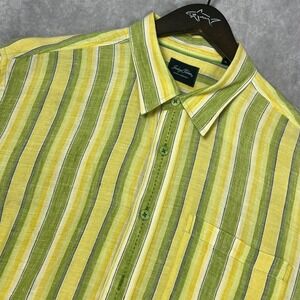 Indigo Palms Denim Co Mens Green Yellow Striped Short Sleeve Linen Shirt XL